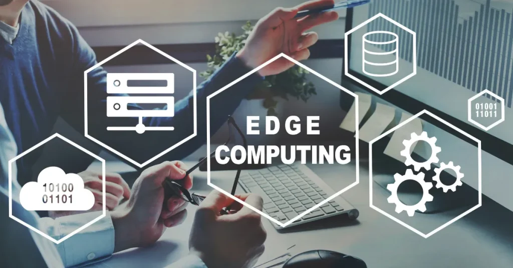 Professional IT expert designing a hybrid cloud and edge computing architecture on a virtual dashboard