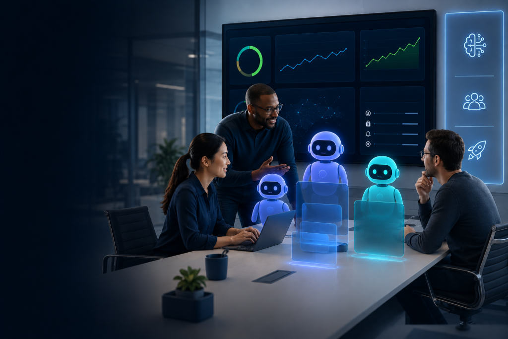Enterprise IT professionals using AI-powered automation systems and intelligent digital agents
